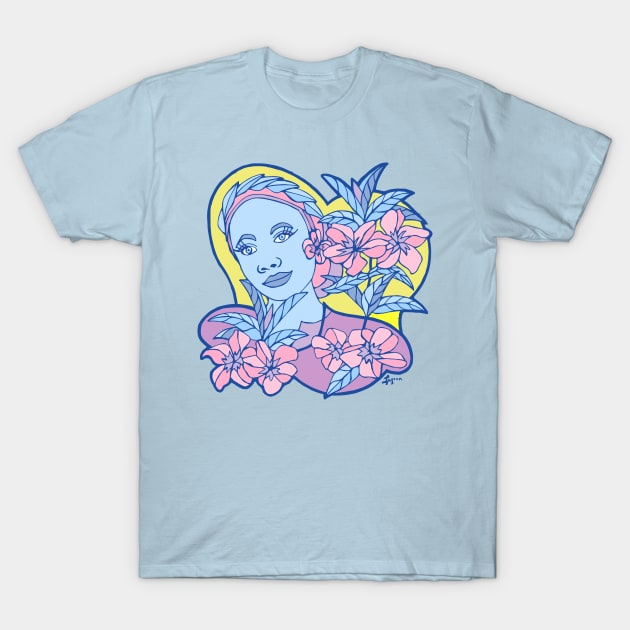 Blue Girl With Pastel Blossoms on a Yellow Sky T-Shirt by Julia Moon